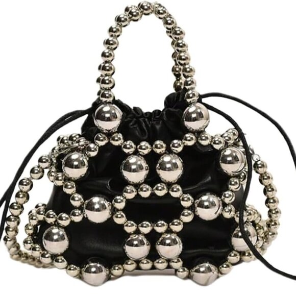 Women's Beaded Leather Handbag Double Handle Drawstring Small Crossbody Bags - Picture 1 of 5